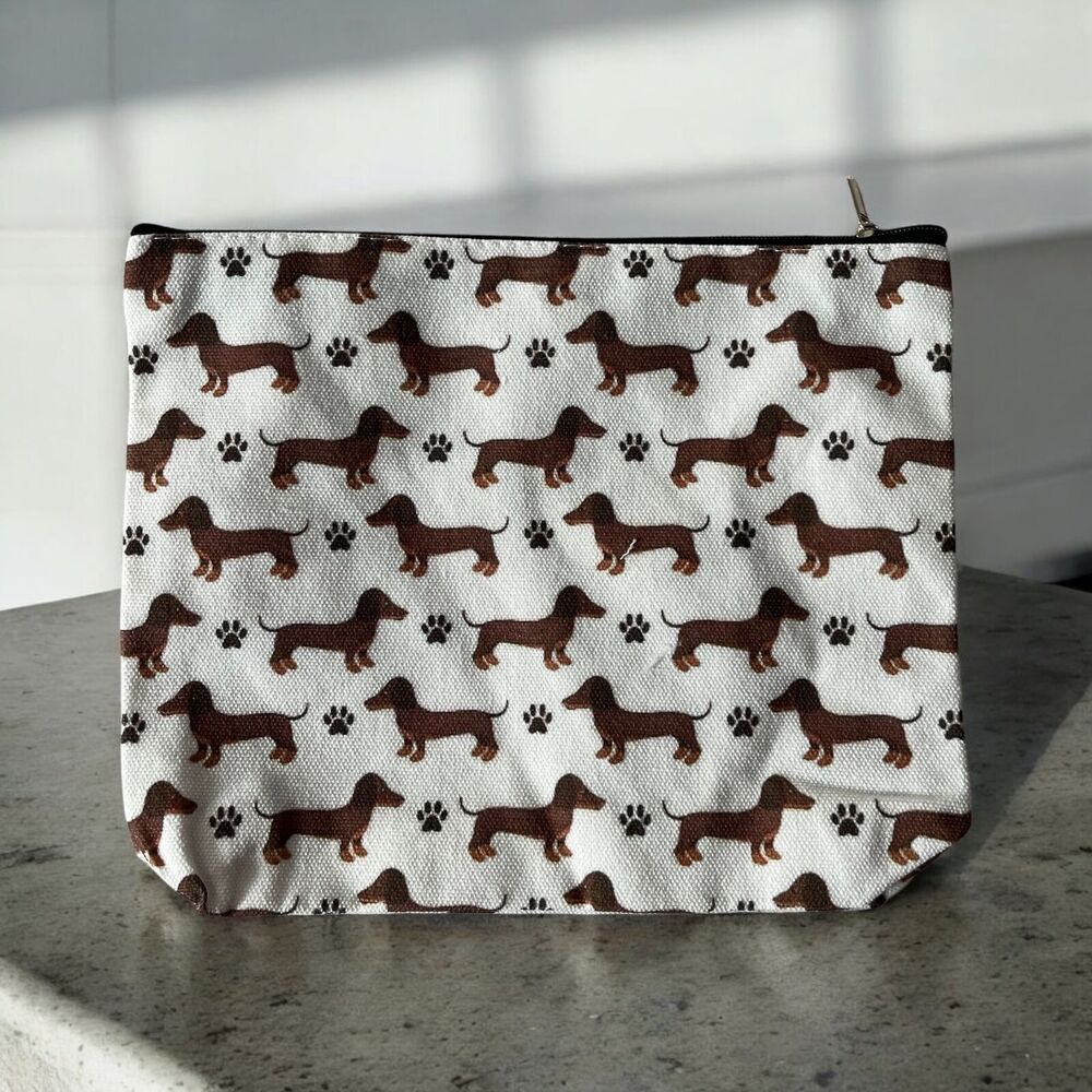Cute Cartoon Dachshund Doxie Sausage Dog Print Toiletry Cosmetic Pouch Bag with - Picture 5 of 6